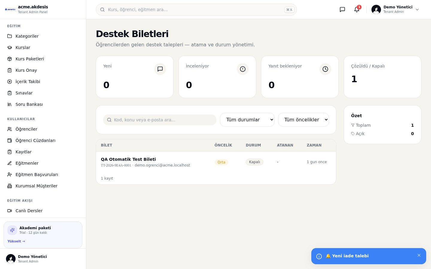 Destek Biletleri modülü ekran görüntüsü