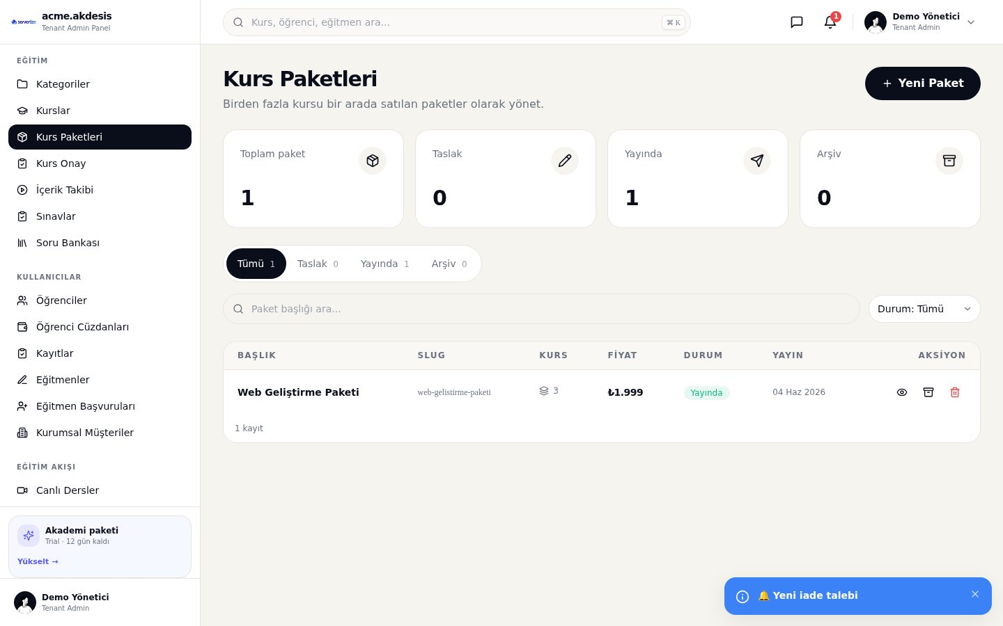 Kurs Paketleri modülü ekran görüntüsü